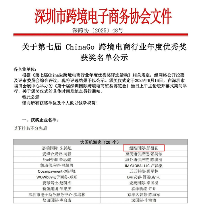 2025（深跨協）最新發布的第七屆ChinaGo跨境電商行業年度優秀獎公示名單